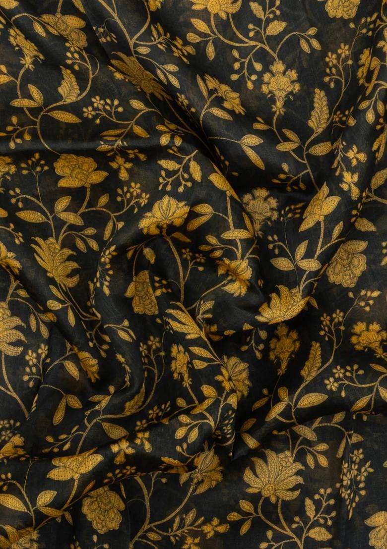 Black Handloom Linen Saree With Printed Yellow Floral Motifs For Women - Indya