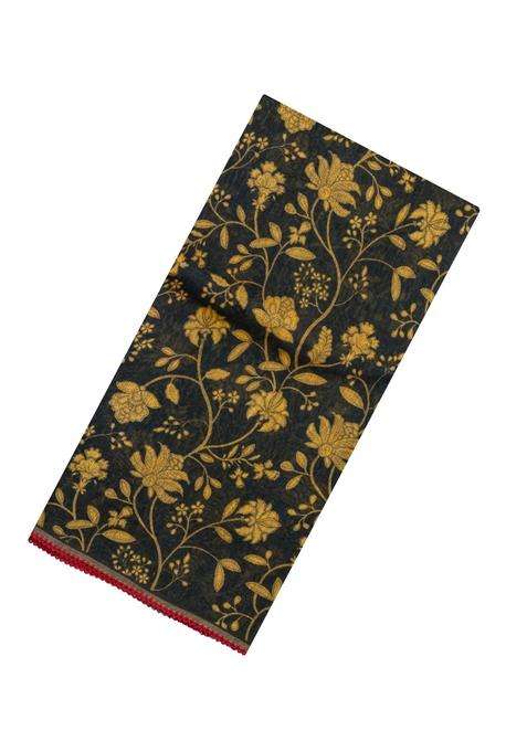 Black Handloom Linen Saree With Printed Yellow Floral Motifs For Women
