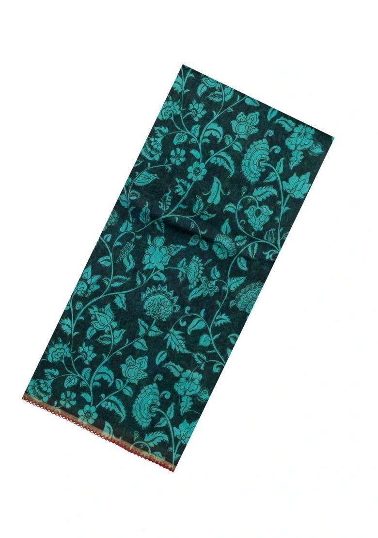Black Handloom Linen Saree With Printed Turquoise Floral Motifs For Women - Indya