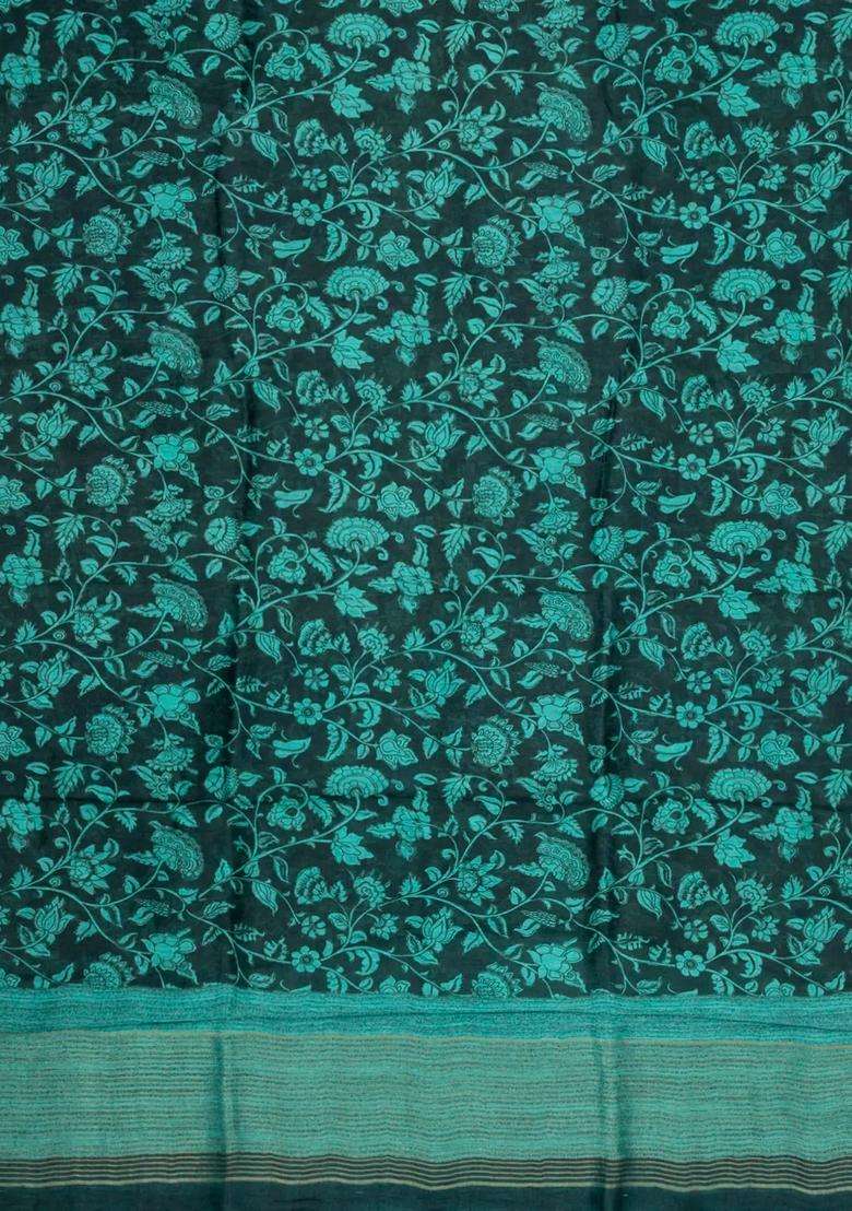 Black Handloom Linen Saree With Printed Turquoise Floral Motifs For Women - Indya