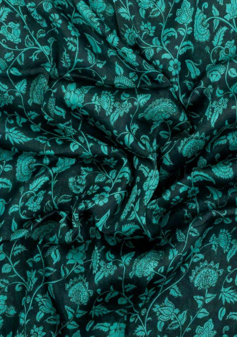Black Handloom Linen Saree With Printed Turquoise Floral Motifs For Women - Indya