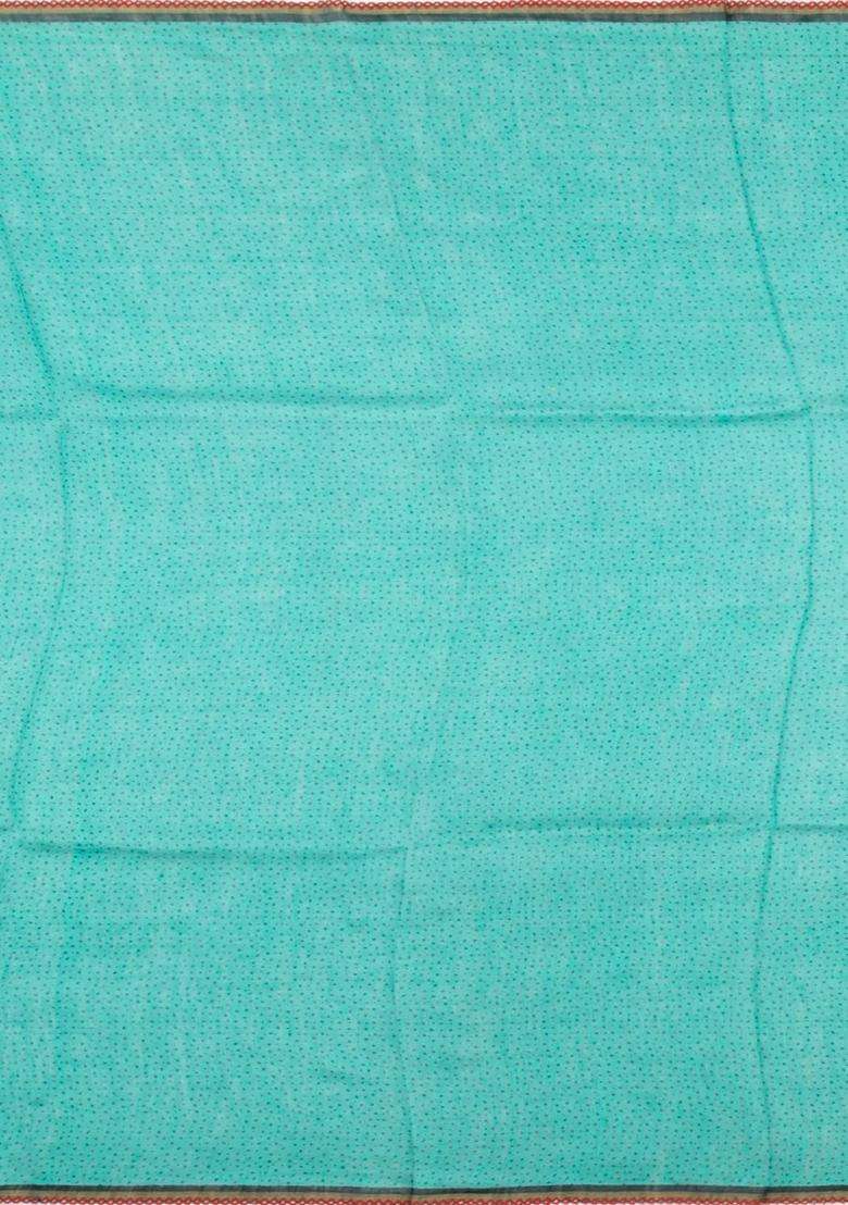 Black Handloom Linen Saree With Printed Turquoise Floral Motifs For Women - Indya