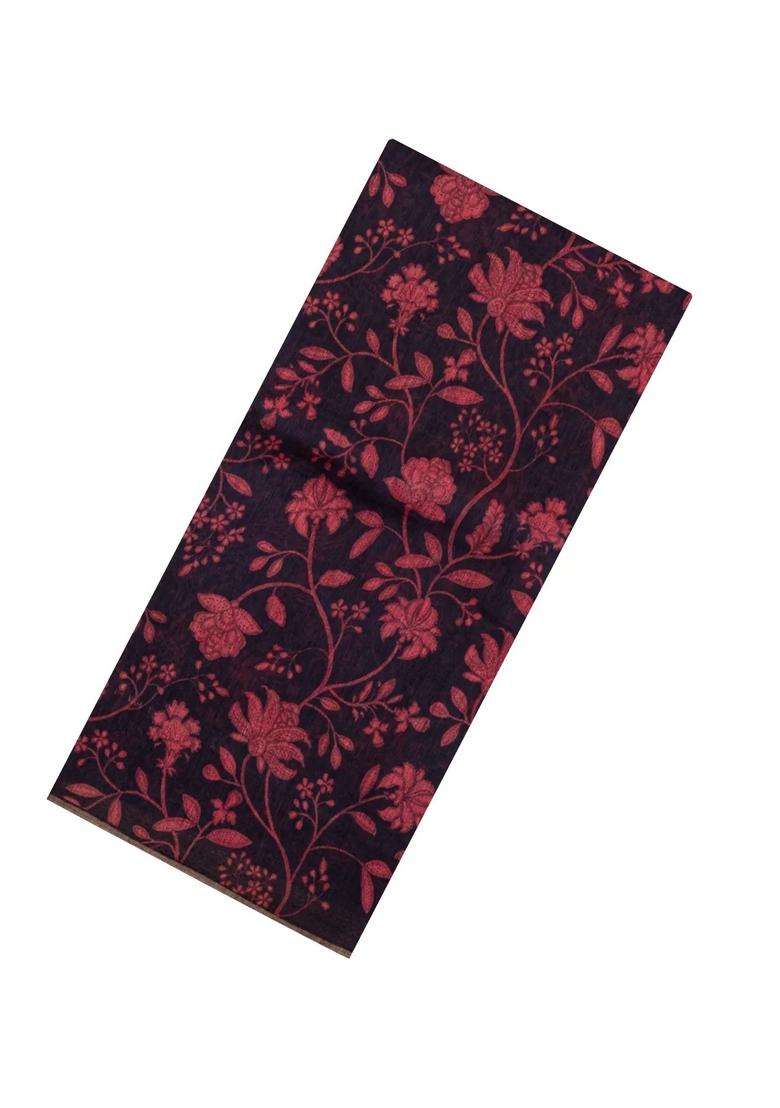 Black Handloom Linen Saree With Printed Red Floral Motifs For Women - Indya