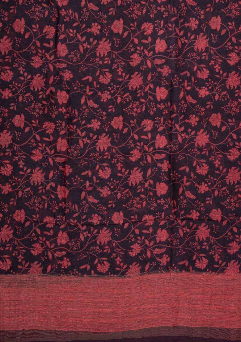 Black Handloom Linen Saree With Printed Red Floral Motifs For Women - Indya
