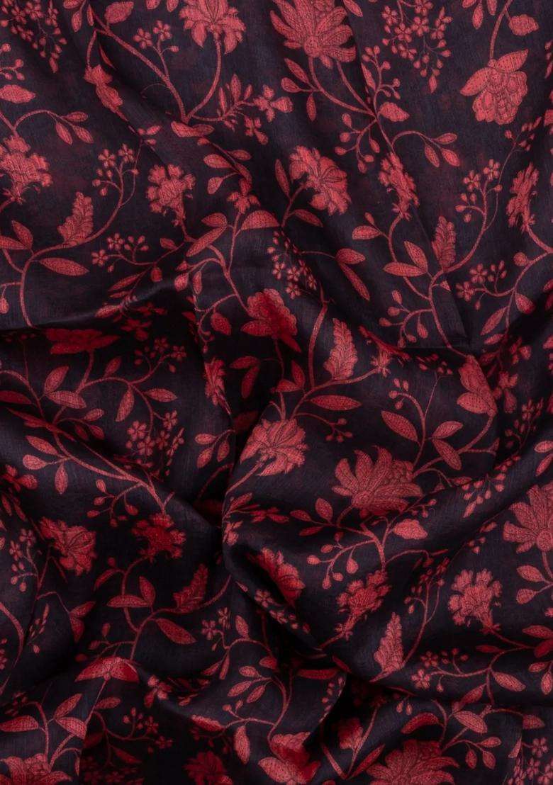 Black Handloom Linen Saree With Printed Red Floral Motifs For Women - Indya