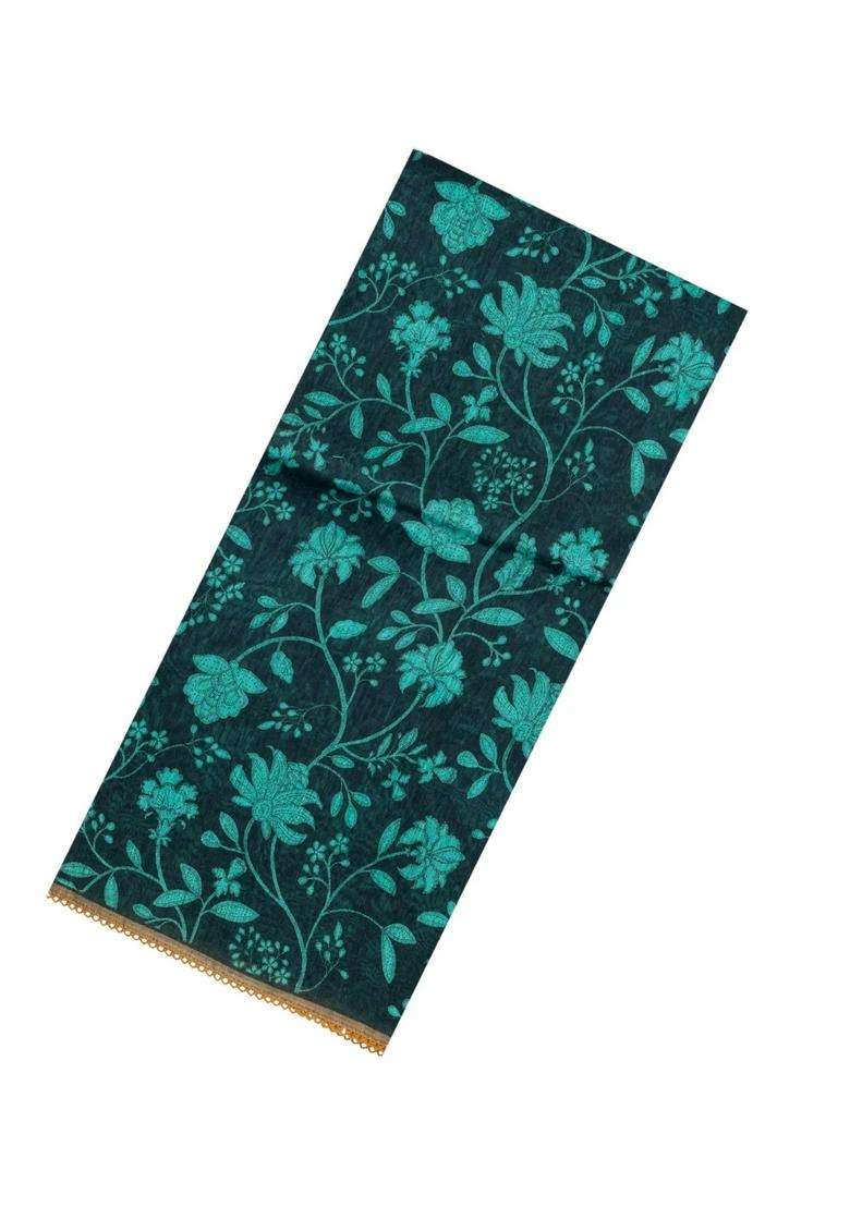 Black Handloom Linen Saree With Printed Turquoise Floral Motifs For Women - Indya