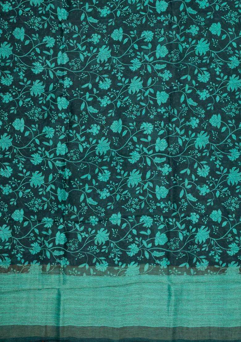 Black Handloom Linen Saree With Printed Turquoise Floral Motifs For Women - Indya