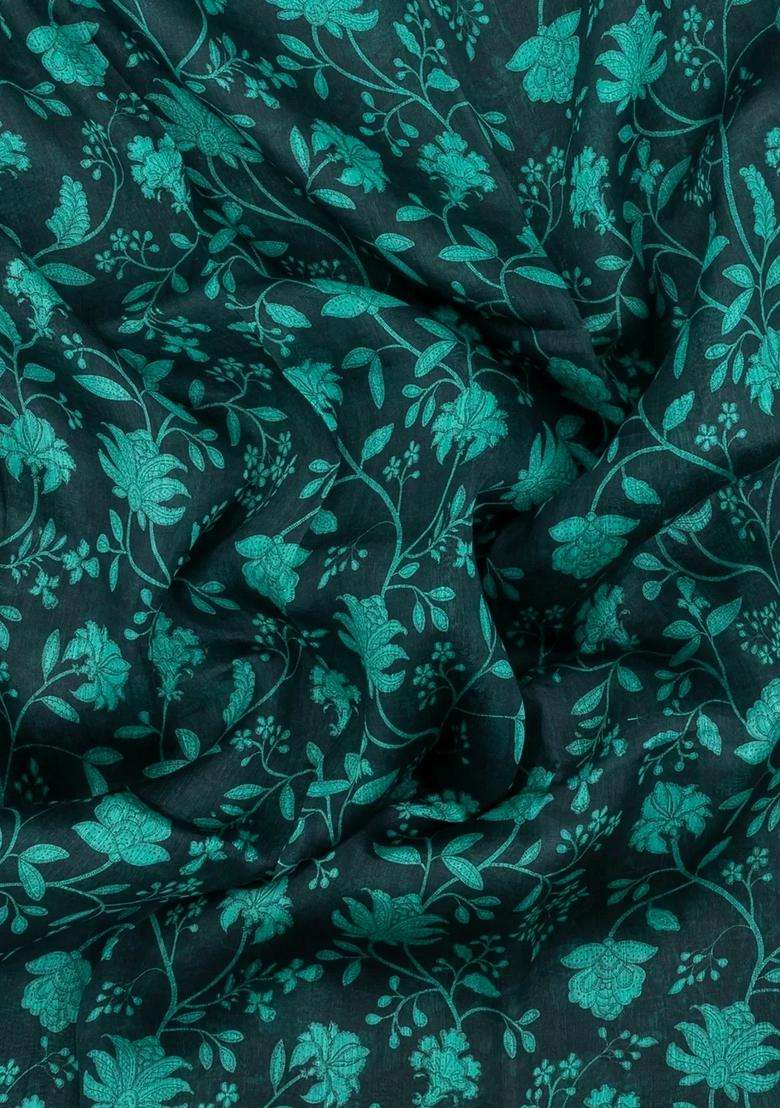Black Handloom Linen Saree With Printed Turquoise Floral Motifs For Women - Indya