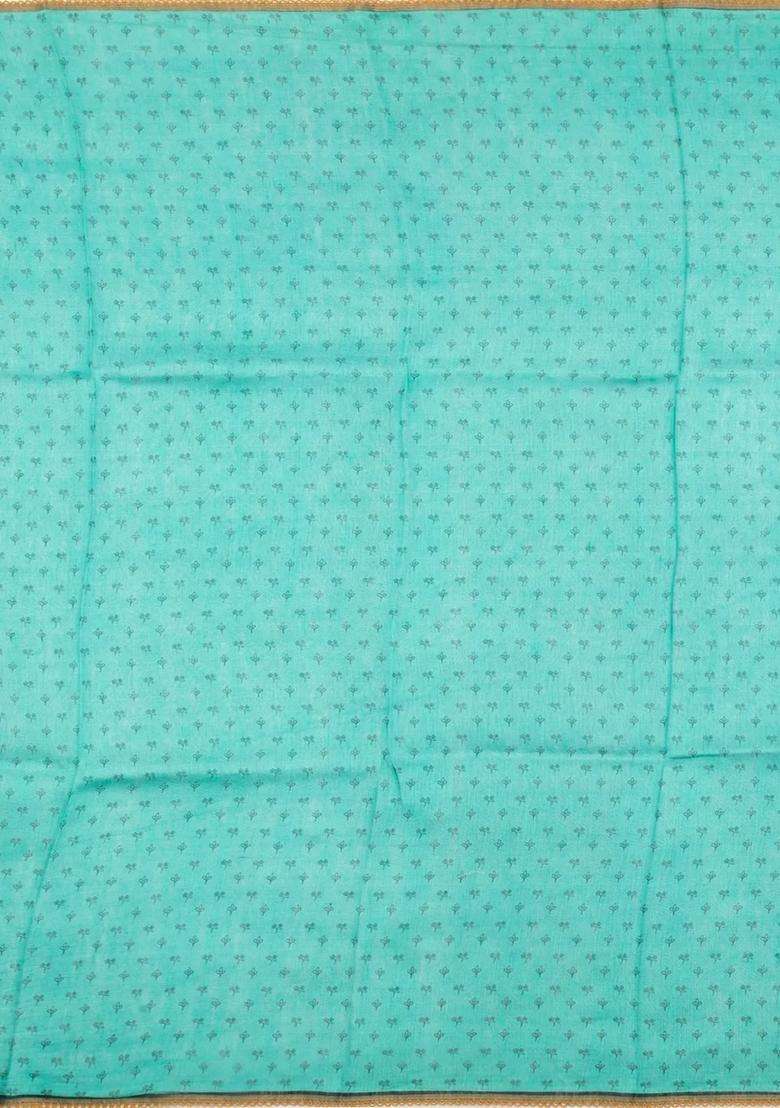 Black Handloom Linen Saree With Printed Turquoise Floral Motifs For Women - Indya