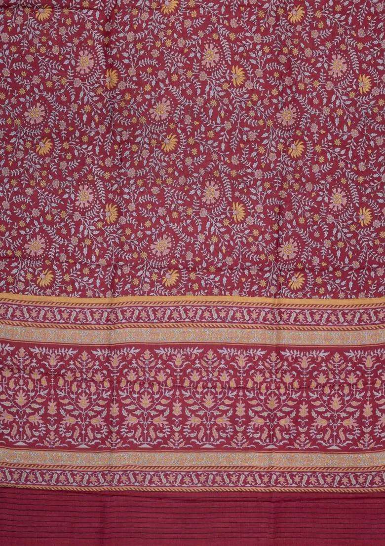 Crimson Printed Pure Silk Saree With Floral Motifs For Women - Indya