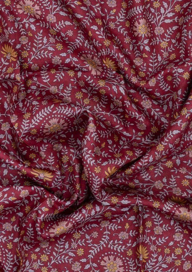 Crimson Printed Pure Silk Saree With Floral Motifs For Women - Indya