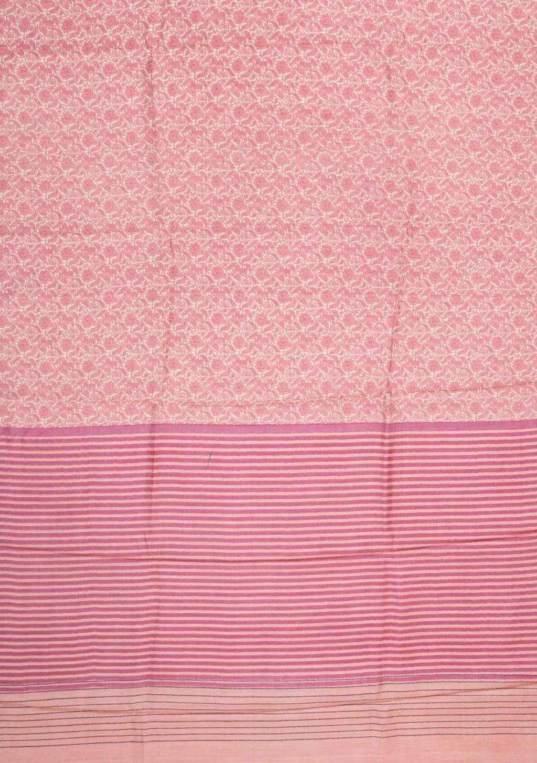Baby Pink Printed Pure Silk Saree With Floral Motifs For Women - Indya