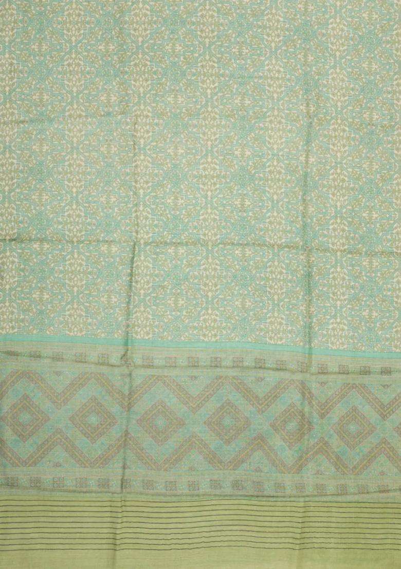 Cardamom Green Printed Pure Silk Saree With Floral Motifs For Women - Indya