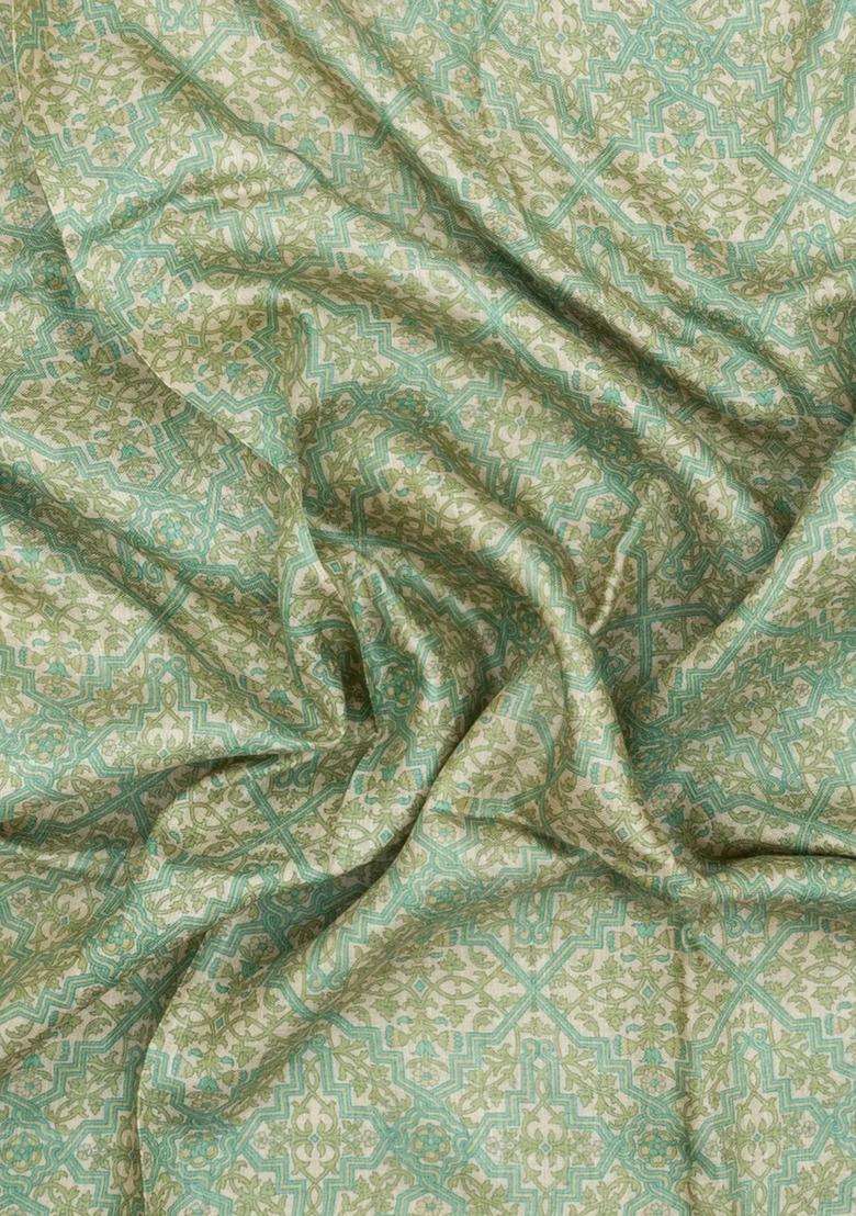 Cardamom Green Printed Pure Silk Saree With Floral Motifs For Women - Indya