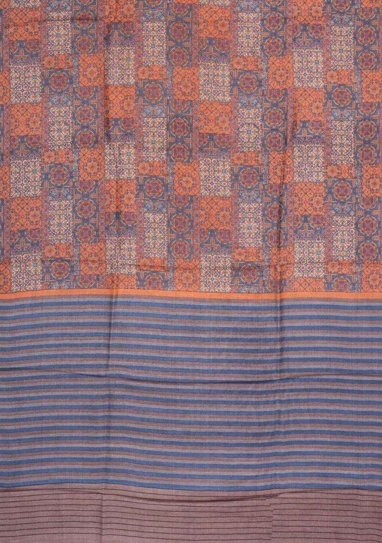 Rust Printed Pure Silk Saree With Floral Motifs For Women - Indya