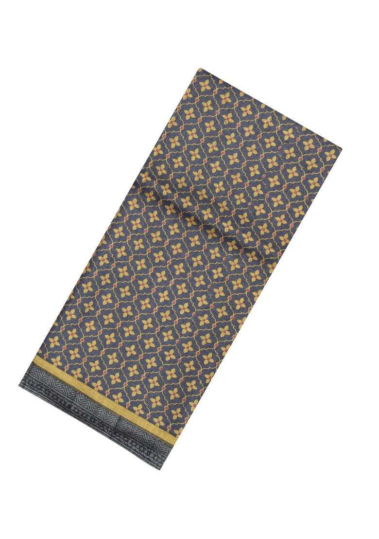 Dark Grey Printed Pure Silk Saree With Floral Motifs For Women - Indya