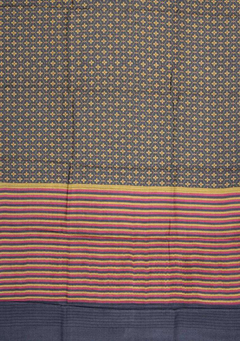 Dark Grey Printed Pure Silk Saree With Floral Motifs For Women - Indya