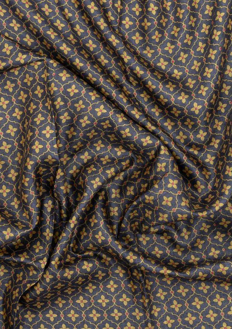 Dark Grey Printed Pure Silk Saree With Floral Motifs For Women - Indya