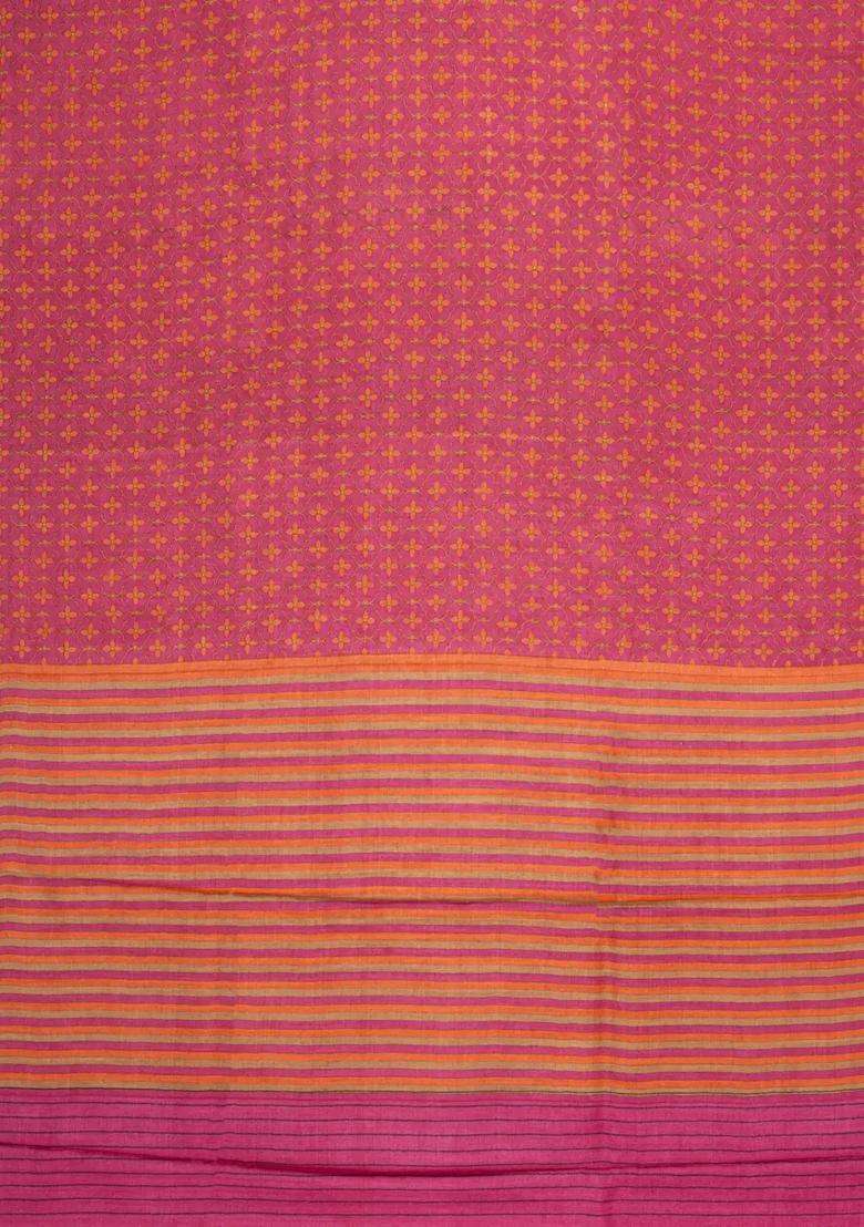 Dark Peach Printed Pure Silk Saree With Floral Motifs For Women - Indya
