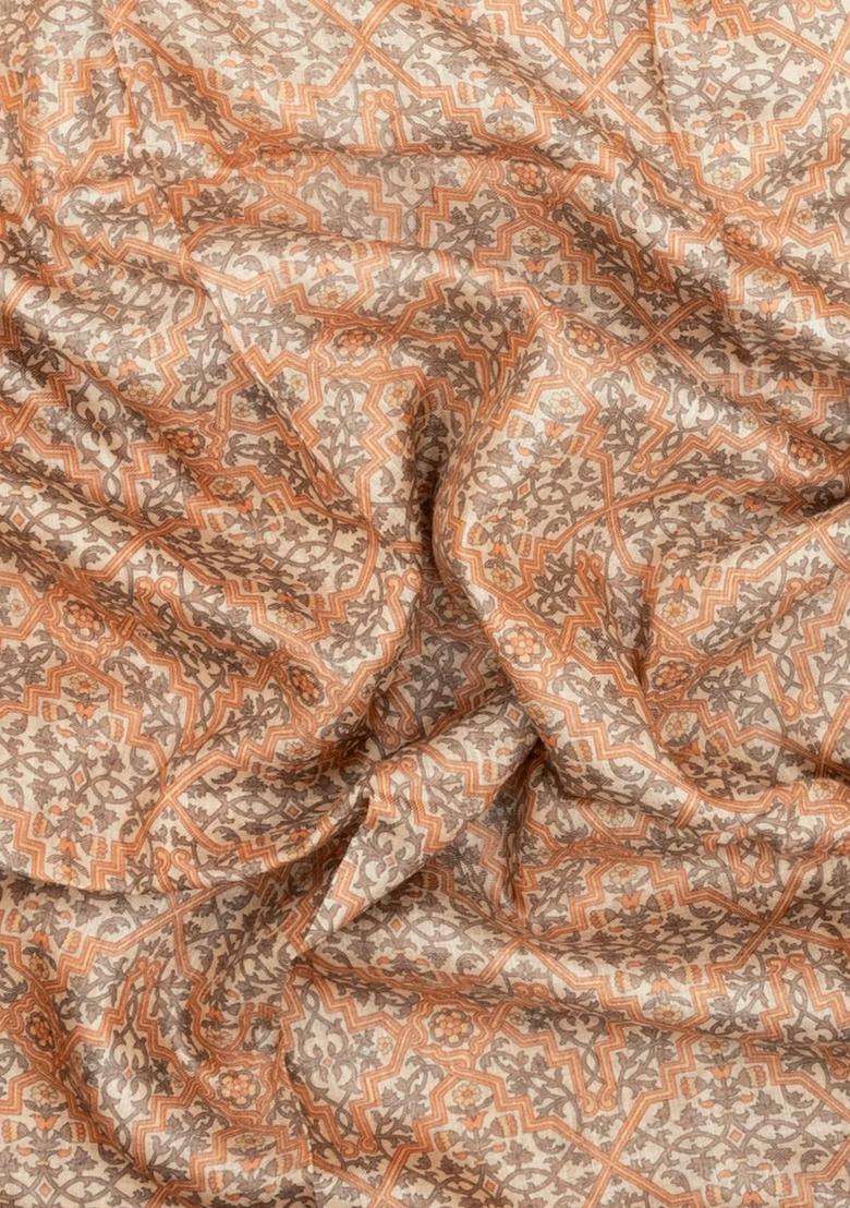 Light Peach Printed Pure Silk Saree With Floral Motifs For Women - Indya