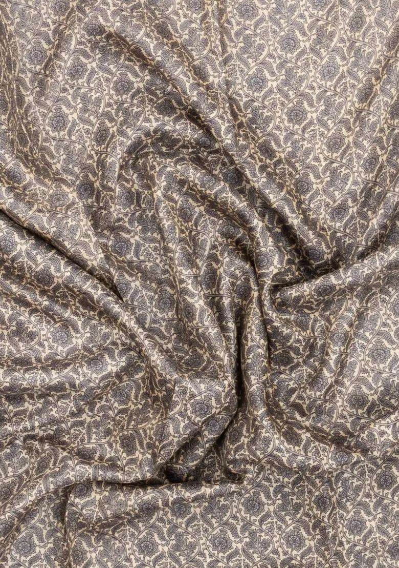 Taupe Printed Pure Silk Saree With Floral Motifs For Women - Indya