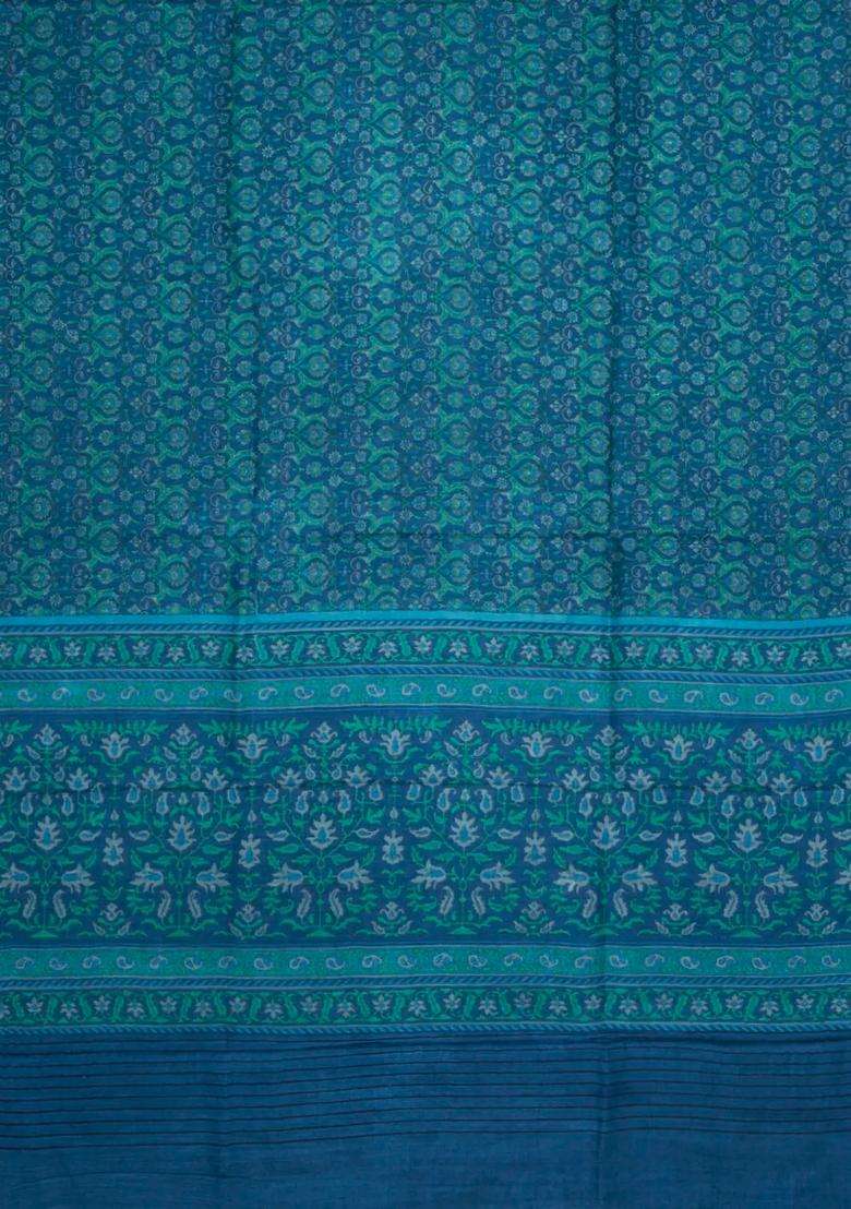 Cyan Printed Pure Silk Saree With Floral Motifs For Women - Indya