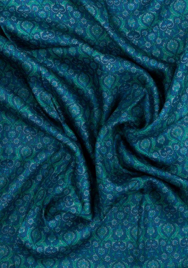 Cyan Printed Pure Silk Saree With Floral Motifs For Women - Indya