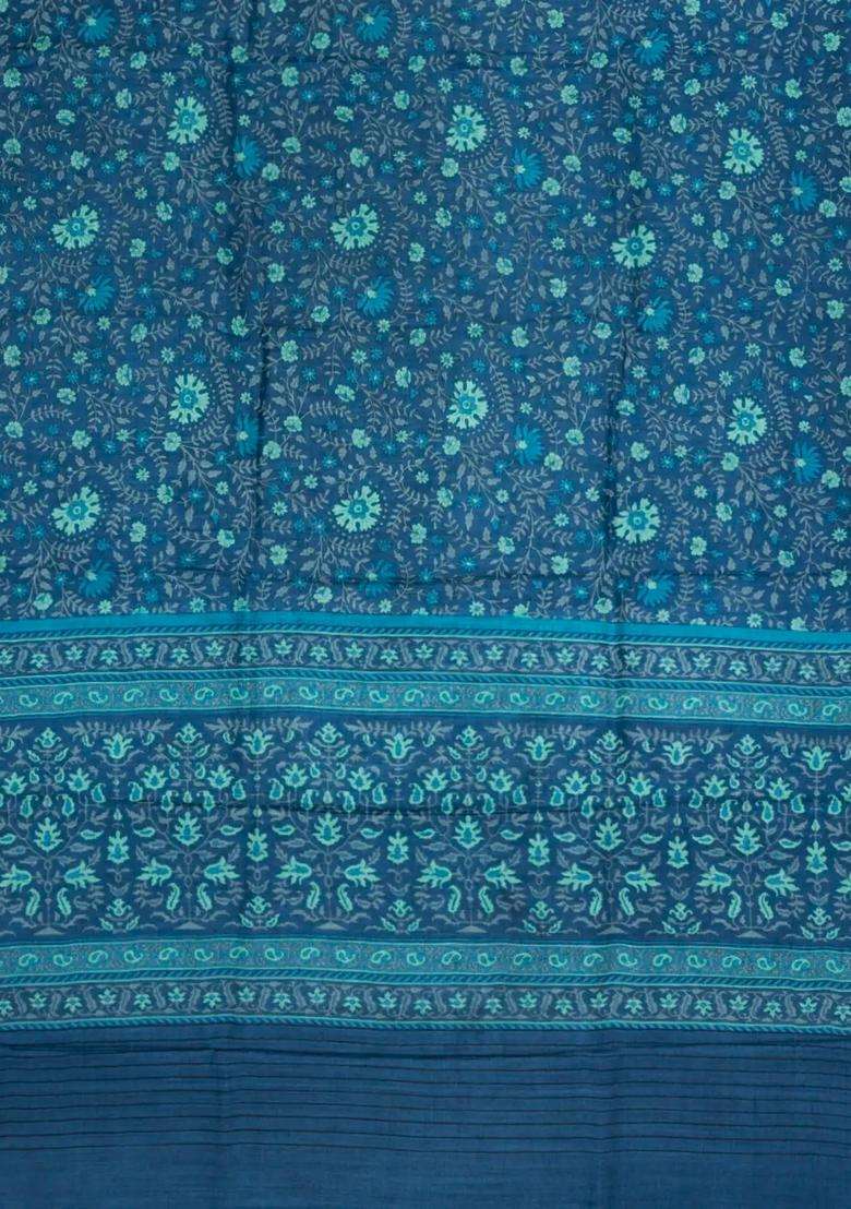 Indigo Printed Pure Silk Saree With Floral Motifs For Women - Indya