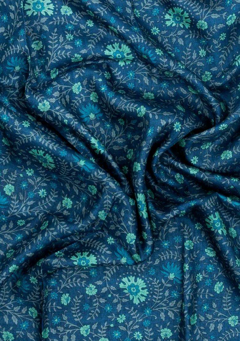 Indigo Printed Pure Silk Saree With Floral Motifs For Women - Indya