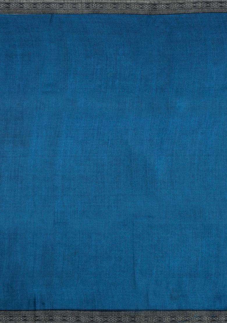Indigo Printed Pure Silk Saree With Floral Motifs For Women - Indya