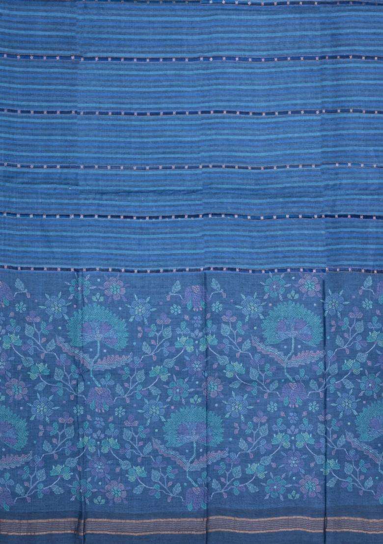 Blue Printed Tussar Silk Saree With Stripes Printed Pallu For Women - Indya