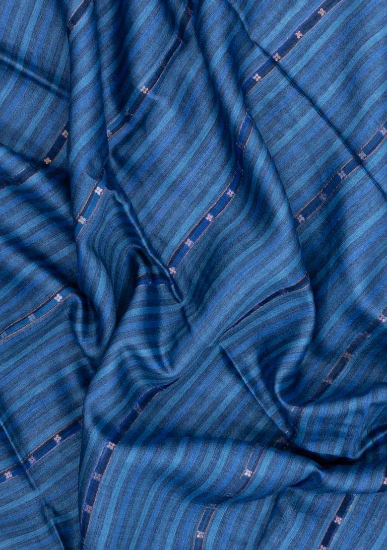 Blue Printed Tussar Silk Saree With Stripes Printed Pallu For Women - Indya