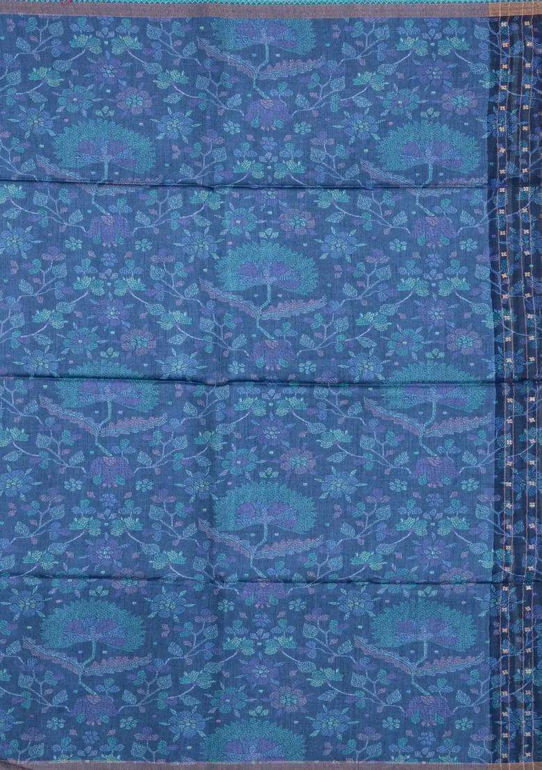 Blue Printed Tussar Silk Saree With Stripes Printed Pallu For Women - Indya