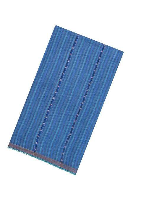 Blue Printed Tussar Silk Saree With Stripes Printed Pallu For Women