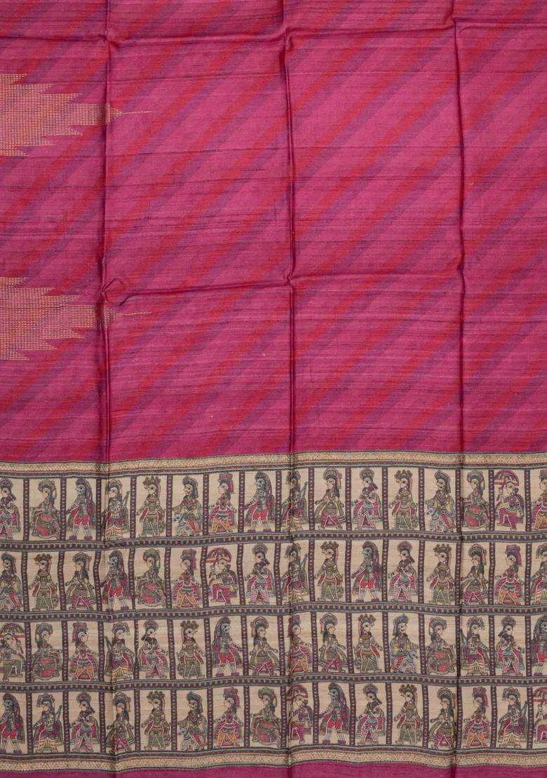 Magenta Printed Tussar Silk Saree With Stripes Printed Pallu For Women - Indya