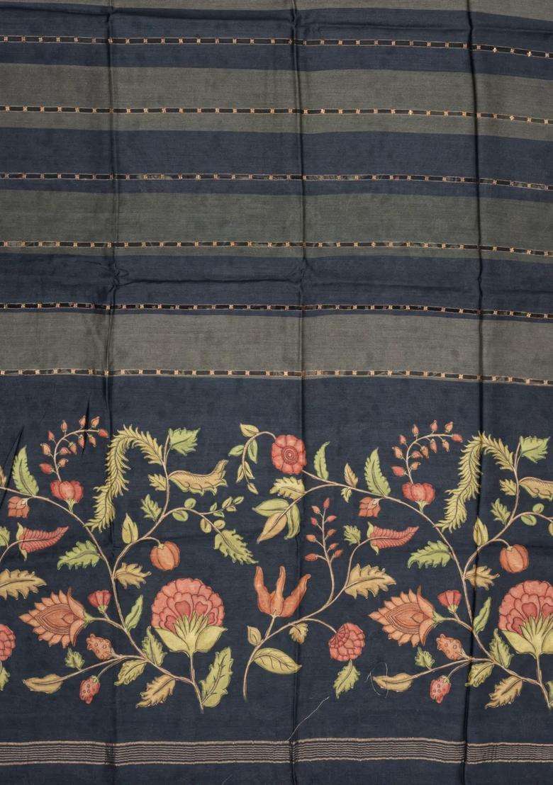 Dark Grey Printed Tussar Silk Saree With Stripes Printed Pallu For Women - Indya