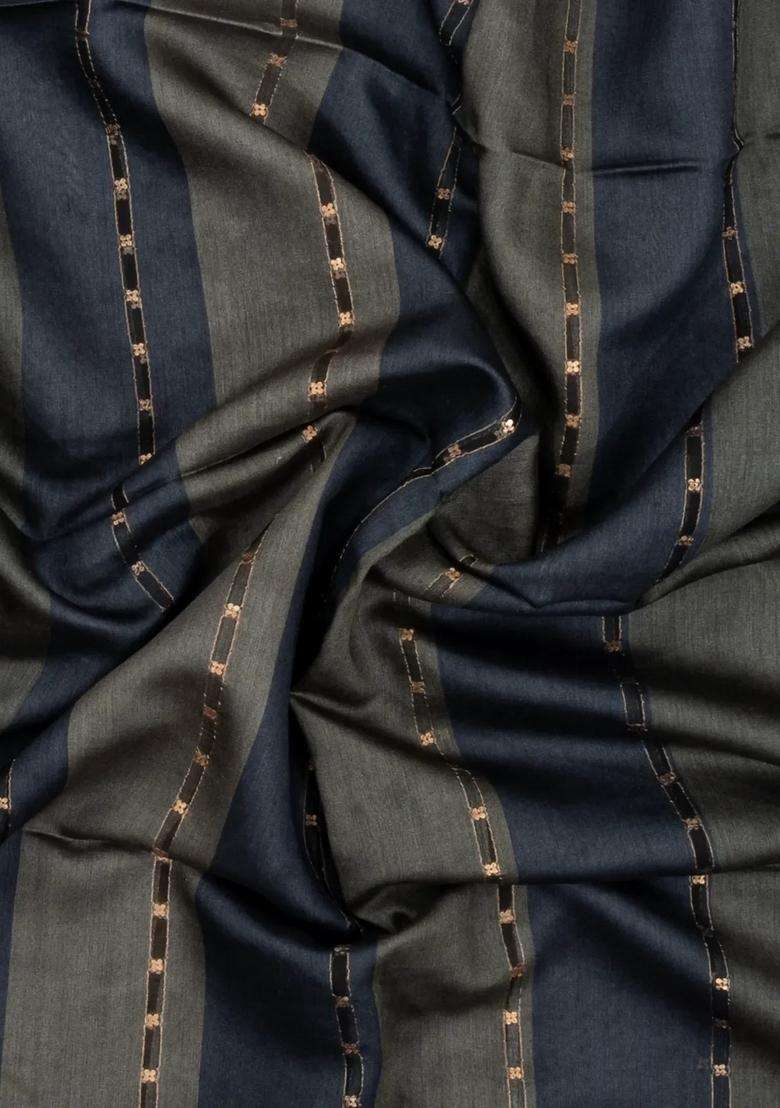 Dark Grey Printed Tussar Silk Saree With Stripes Printed Pallu For Women - Indya