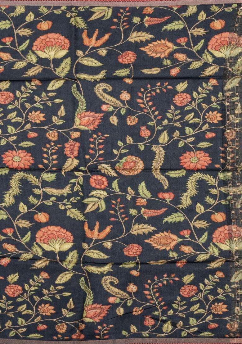 Dark Grey Printed Tussar Silk Saree With Stripes Printed Pallu For Women - Indya