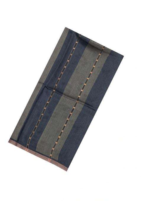 Dark Grey Printed Tussar Silk Saree With Stripes Printed Pallu For Women