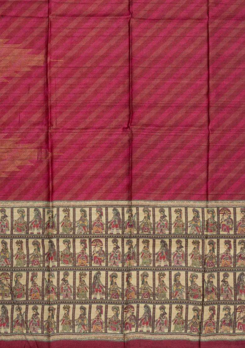Pink Printed Tussar Silk Saree With Stripes Printed Pallu For Women - Indya