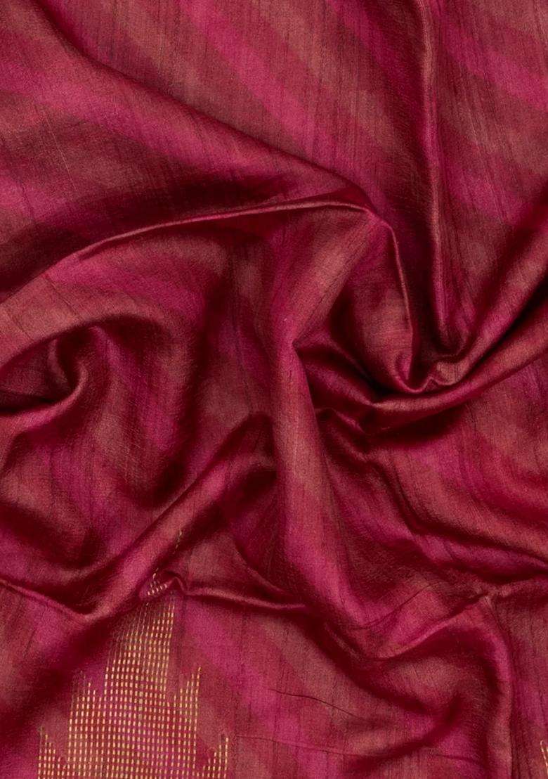 Pink Printed Tussar Silk Saree With Stripes Printed Pallu For Women - Indya