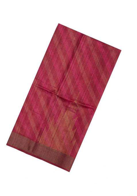 Pink Printed Tussar Silk Saree With Stripes Printed Pallu For Women