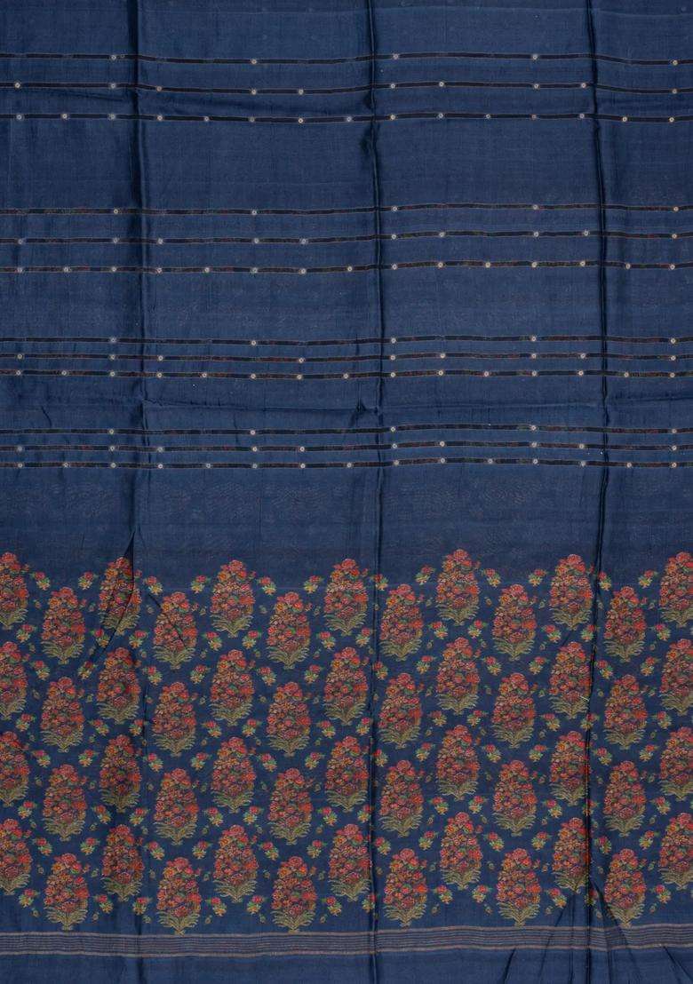 Navy Blue Printed Tussar Silk Saree With Stripes Printed Pallu For Women - Indya
