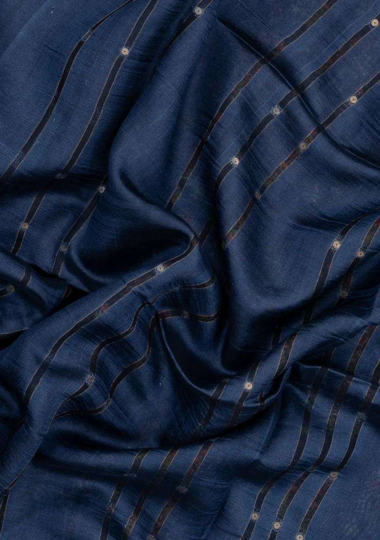 Navy Blue Printed Tussar Silk Saree With Stripes Printed Pallu For Women - Indya