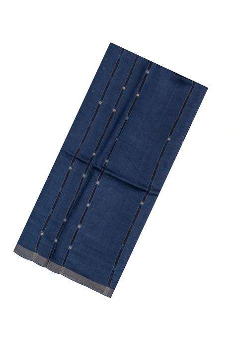 Navy Blue Printed Tussar Silk Saree With Stripes Printed Pallu For Women