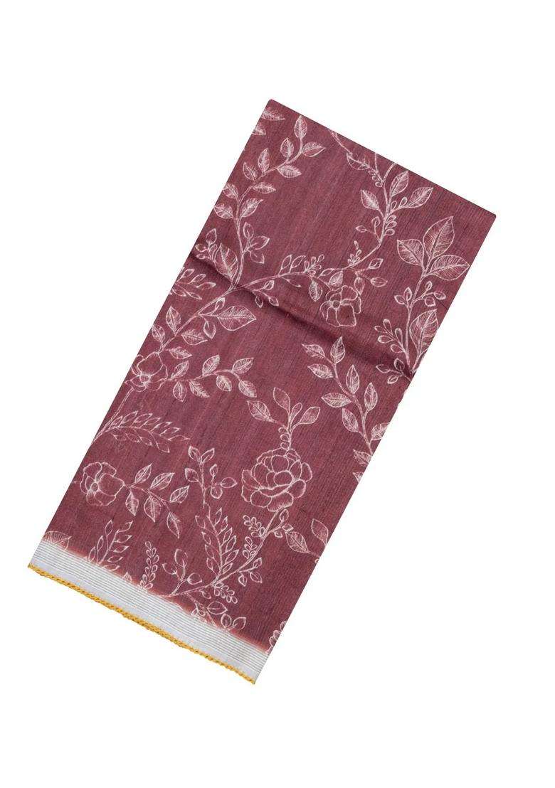 Brown Printed Tussar Silk Saree With Floral Motifs For Women - Indya