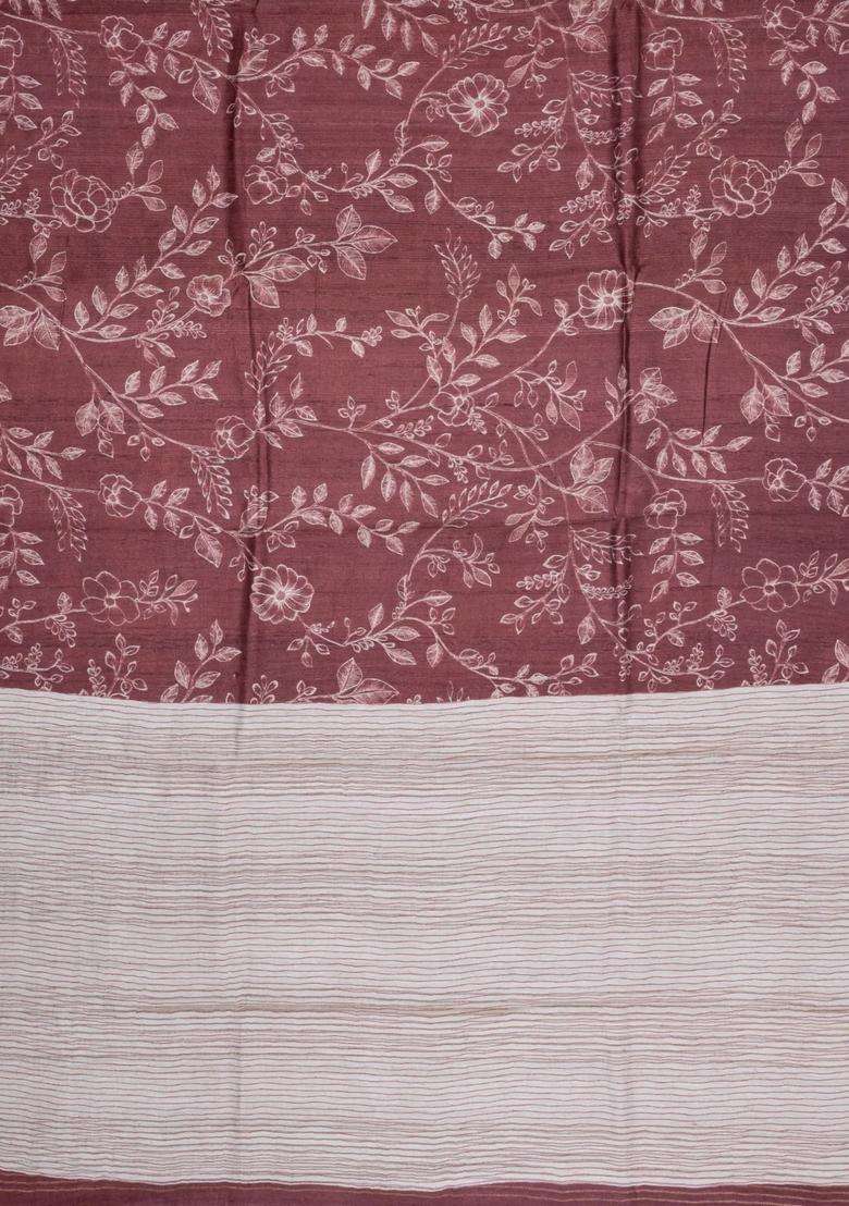 Brown Printed Tussar Silk Saree With Floral Motifs For Women - Indya