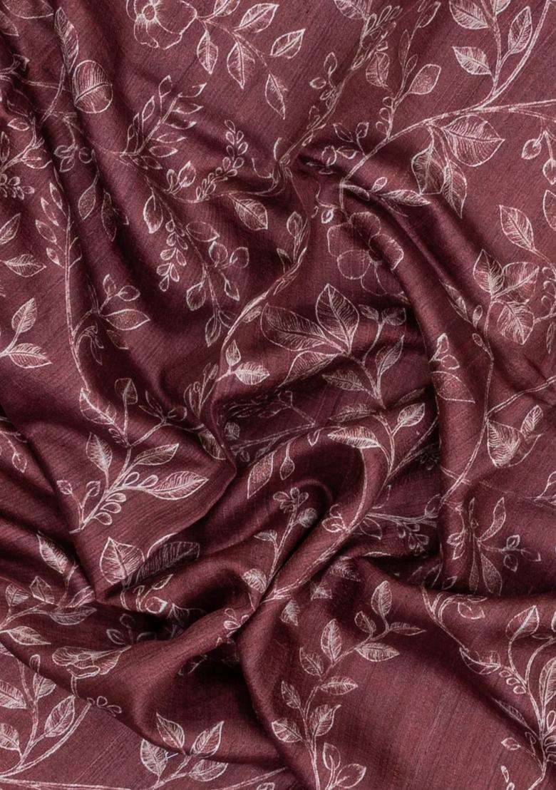 Brown Printed Tussar Silk Saree With Floral Motifs For Women - Indya