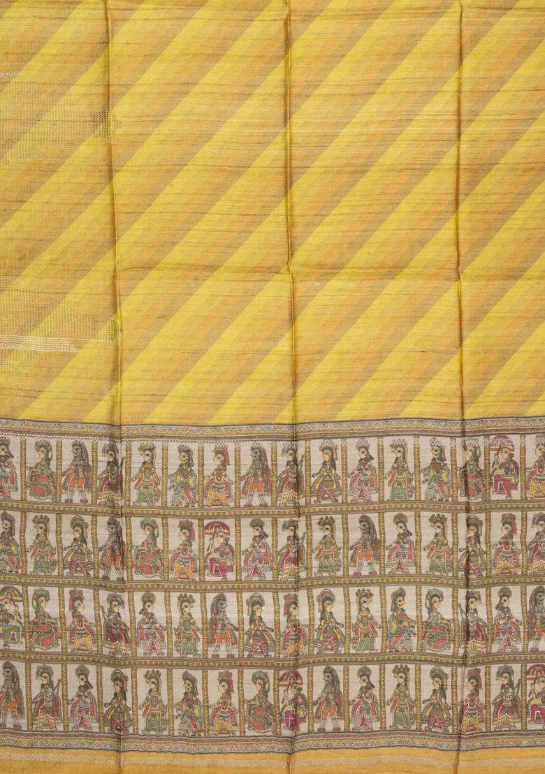 Yellow Printed Tussar Silk Saree With Buttas Printed Pallu For Women - Indya