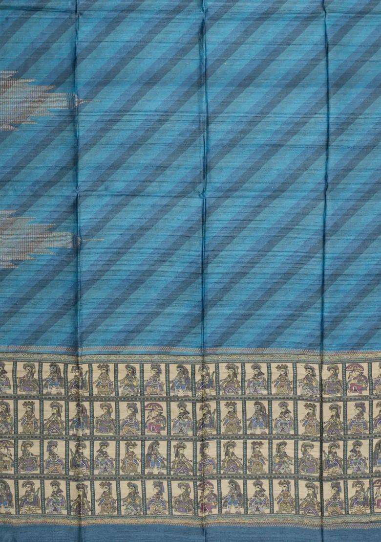 Blue Printed Tussar Silk Saree With Buttas Printed Pallu For Women - Indya